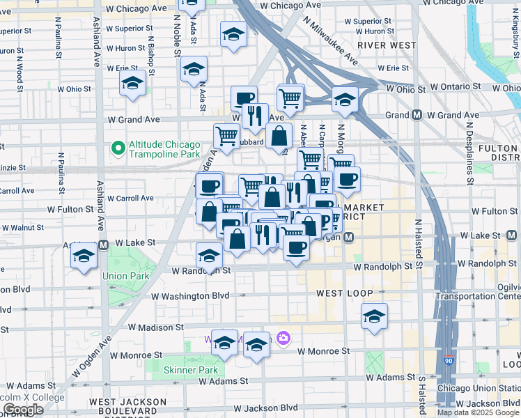 map of restaurants, bars, coffee shops, grocery stores, and more near 1200 West Fulton Market in Chicago
