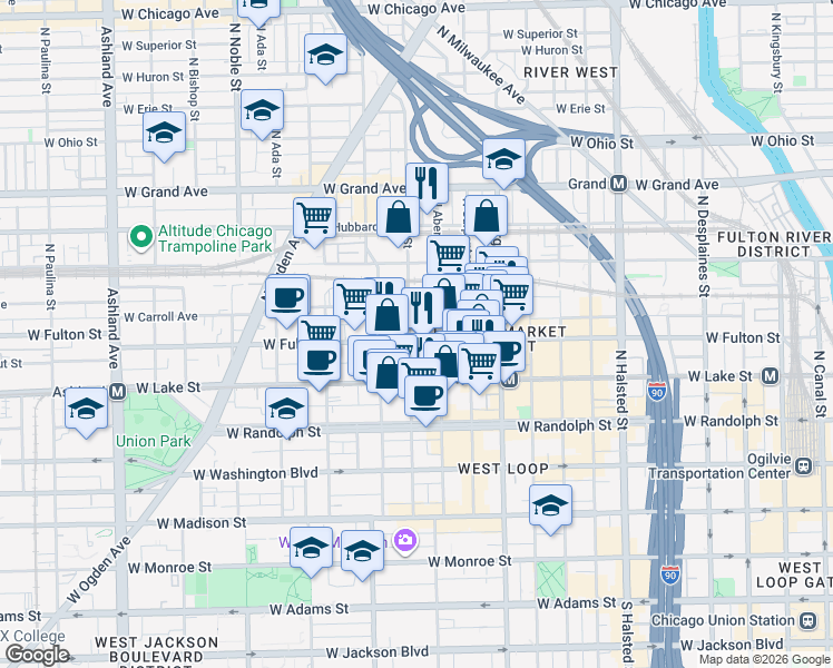 map of restaurants, bars, coffee shops, grocery stores, and more near 1118 West Fulton Market in Chicago