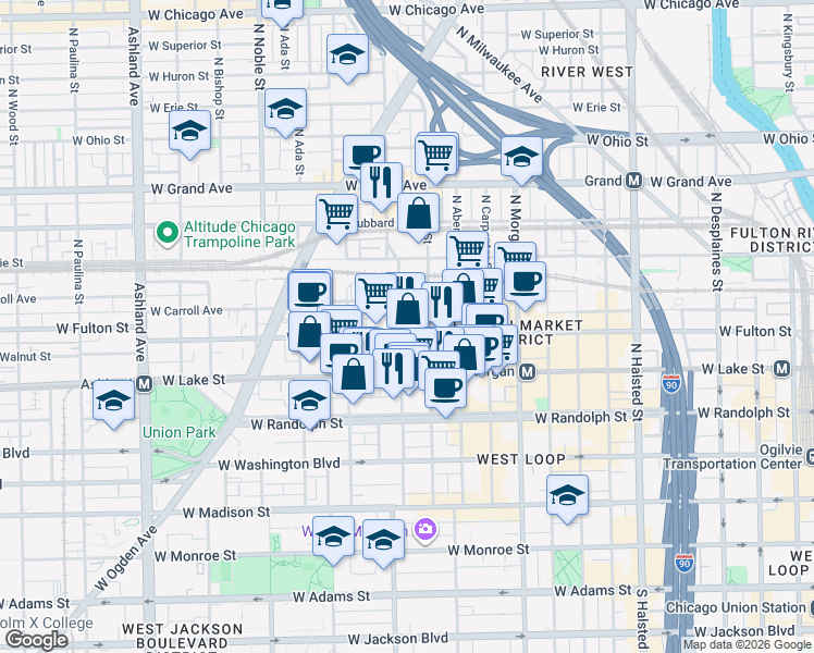 map of restaurants, bars, coffee shops, grocery stores, and more near 326 North Racine Avenue in Chicago