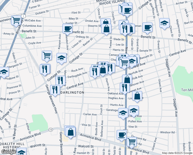 map of restaurants, bars, coffee shops, grocery stores, and more near 626 Central Avenue in Pawtucket