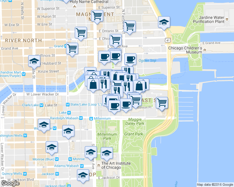 map of restaurants, bars, coffee shops, grocery stores, and more near East Lower South Water in Chicago