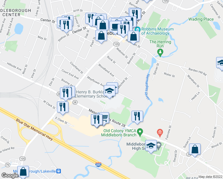 map of restaurants, bars, coffee shops, grocery stores, and more near 37 Mayflower Avenue in Middleborough