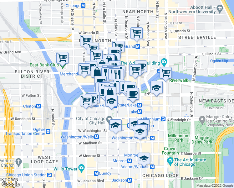 map of restaurants, bars, coffee shops, grocery stores, and more near 300 North Clark Street in Chicago