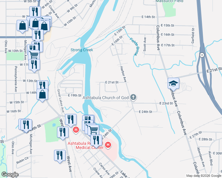 map of restaurants, bars, coffee shops, grocery stores, and more near 324 East 21st Street in Ashtabula