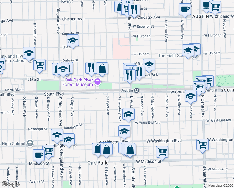 map of restaurants, bars, coffee shops, grocery stores, and more near 49 West Lake Street in Oak Park