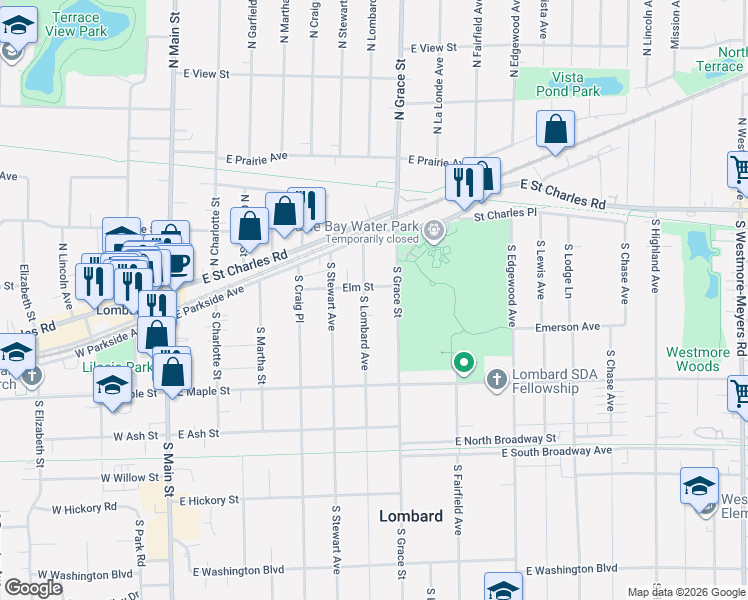 map of restaurants, bars, coffee shops, grocery stores, and more near 99 South Lombard Avenue in Lombard
