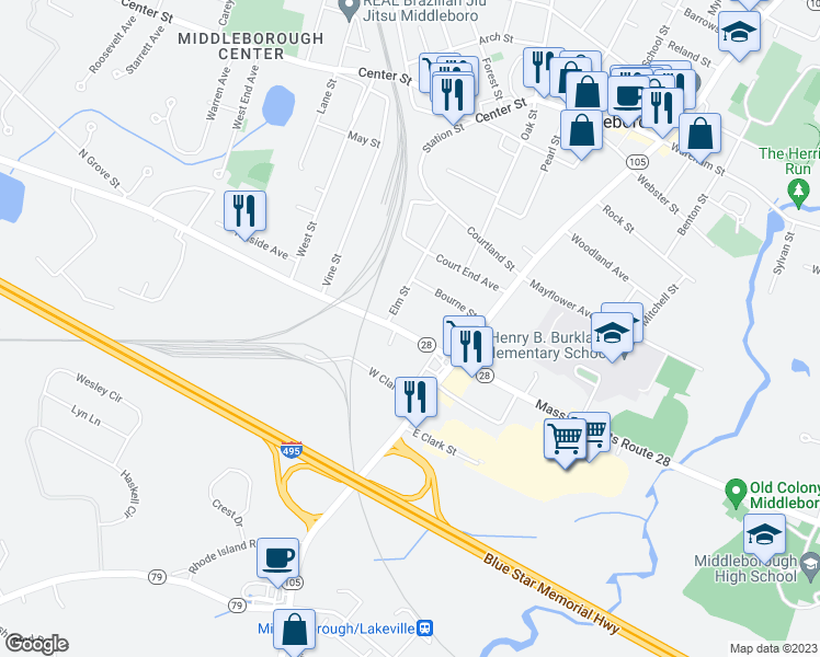 map of restaurants, bars, coffee shops, grocery stores, and more near 25 West Grove Street in Middleborough