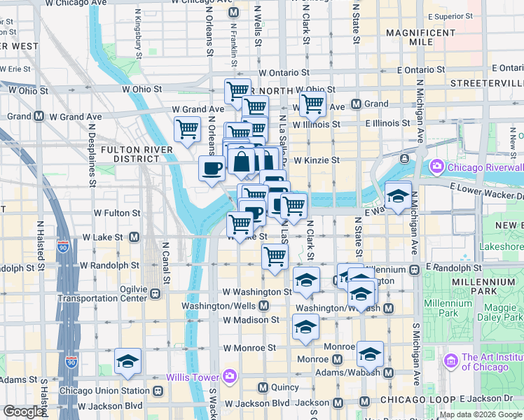 map of restaurants, bars, coffee shops, grocery stores, and more near W Wacker Dr & N Wells St in Chicago
