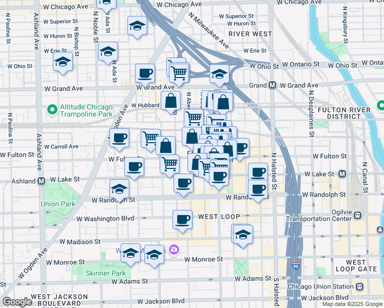 map of restaurants, bars, coffee shops, grocery stores, and more near 321 North Aberdeen Street in Chicago