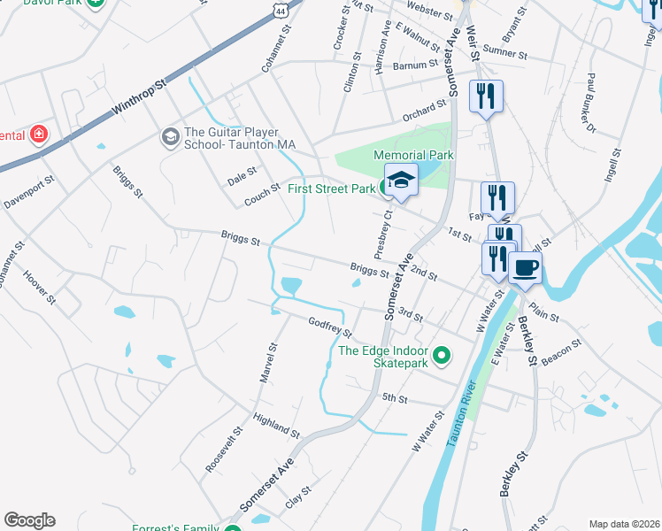 map of restaurants, bars, coffee shops, grocery stores, and more near 28 Briggs Street in Taunton