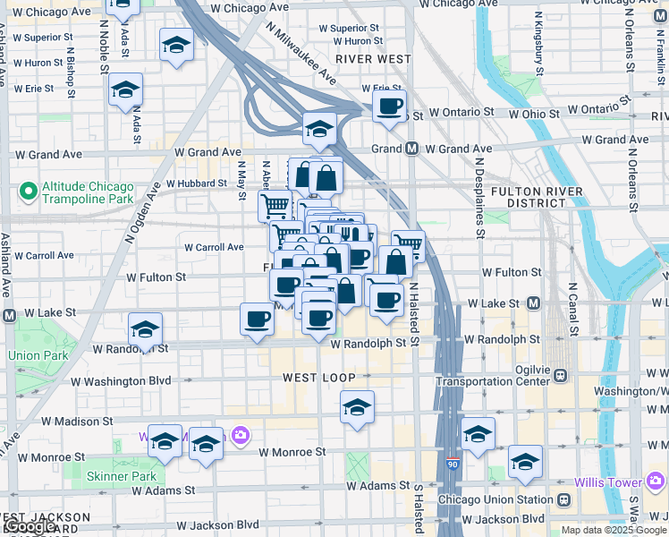 map of restaurants, bars, coffee shops, grocery stores, and more near 311 North Sangamon Street in Chicago