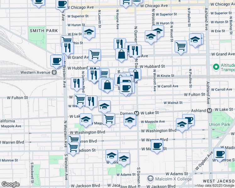map of restaurants, bars, coffee shops, grocery stores, and more near 2101 West Carroll Avenue in Chicago