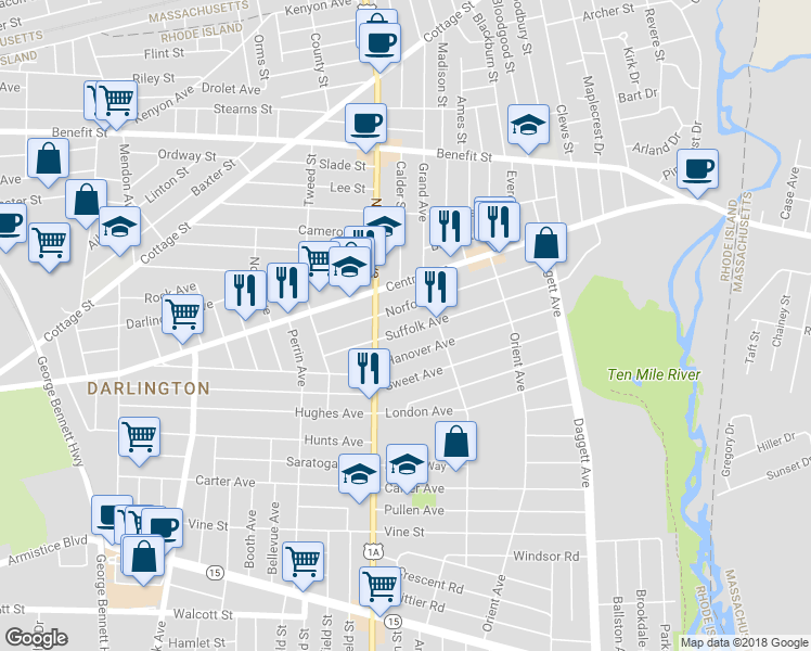 map of restaurants, bars, coffee shops, grocery stores, and more near 112 Suffolk Avenue in Pawtucket