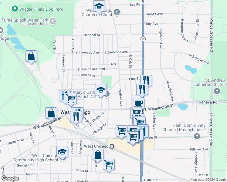 map of restaurants, bars, coffee shops, grocery stores, and more near 423 Virgie Place in West Chicago