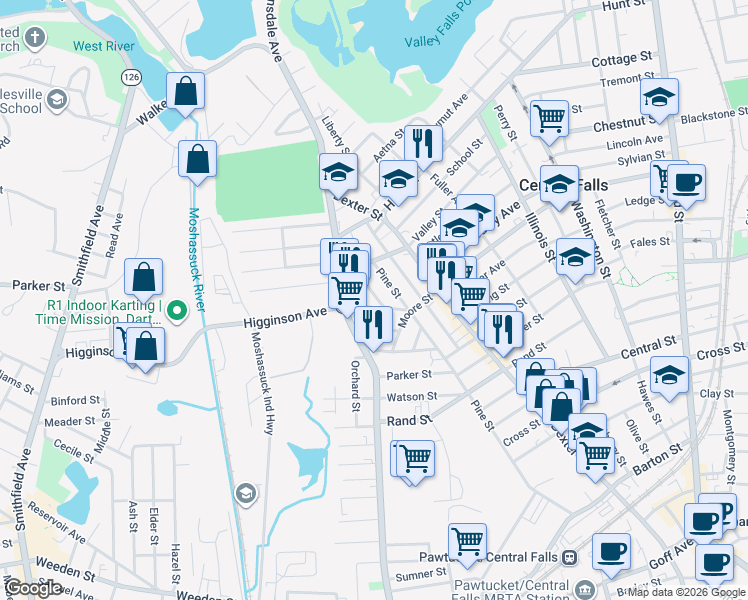 map of restaurants, bars, coffee shops, grocery stores, and more near 10 Tiffany Street in Central Falls