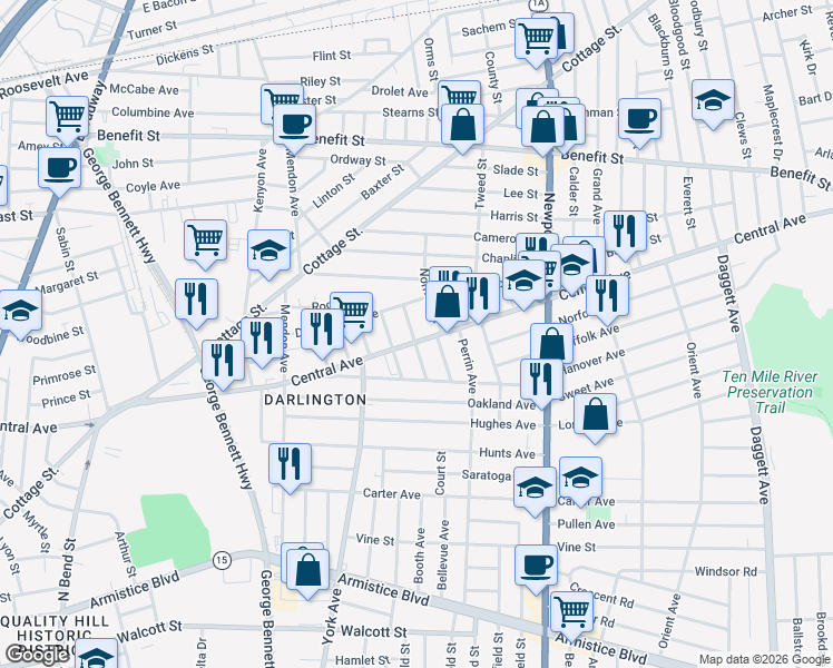 map of restaurants, bars, coffee shops, grocery stores, and more near 51 Makin Street in Pawtucket