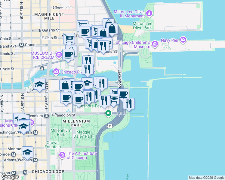 map of restaurants, bars, coffee shops, grocery stores, and more near 450 East Waterside Drive in Chicago