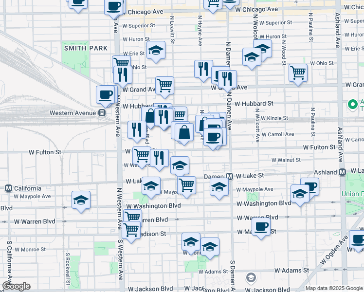 map of restaurants, bars, coffee shops, grocery stores, and more near 2143 West Carroll Avenue in Chicago