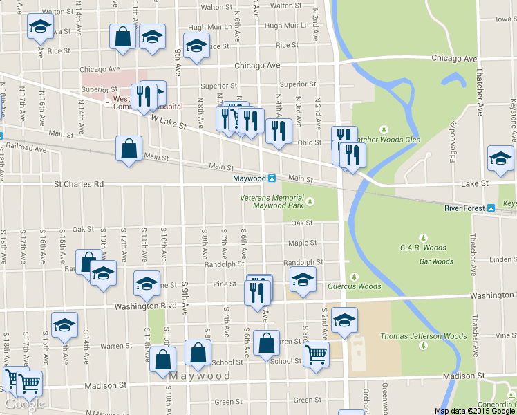 map of restaurants, bars, coffee shops, grocery stores, and more near 124 South 5th Avenue in Maywood