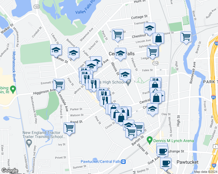 map of restaurants, bars, coffee shops, grocery stores, and more near 63 Garfield Street in Central Falls