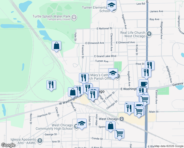 map of restaurants, bars, coffee shops, grocery stores, and more near 308 Arbor Avenue in West Chicago