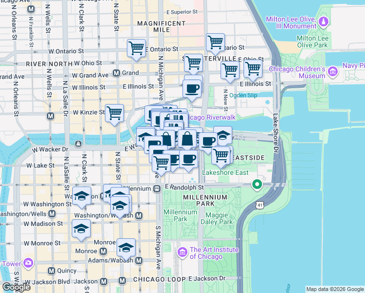 map of restaurants, bars, coffee shops, grocery stores, and more near 333 North Stetson Avenue in Chicago