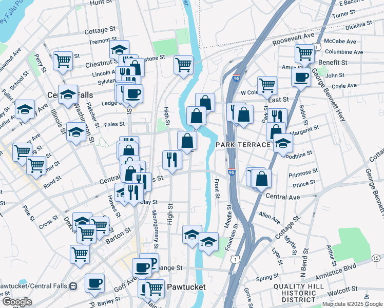 map of restaurants, bars, coffee shops, grocery stores, and more near 558 Roosevelt Avenue in Central Falls