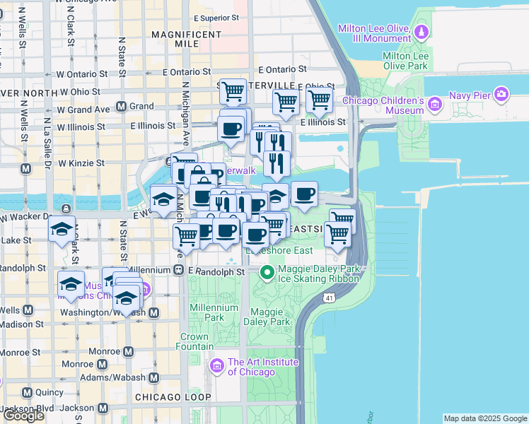 map of restaurants, bars, coffee shops, grocery stores, and more near 323 East Randolph Drive in Chicago