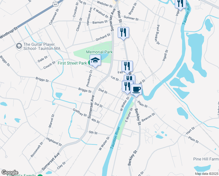 map of restaurants, bars, coffee shops, grocery stores, and more near 314 Somerset Avenue in Taunton