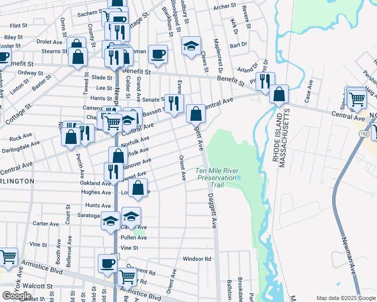 map of restaurants, bars, coffee shops, grocery stores, and more near 194 Hanover Avenue in Pawtucket