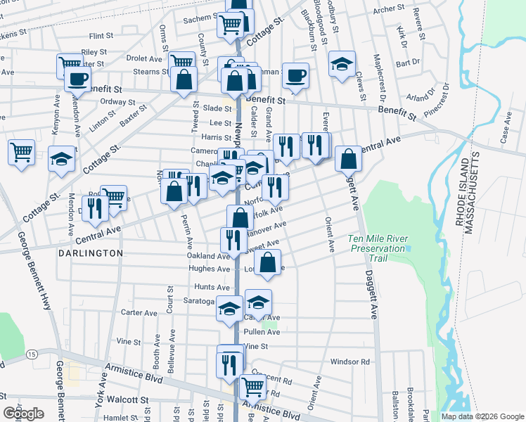 map of restaurants, bars, coffee shops, grocery stores, and more near 149 Norfolk Avenue in Pawtucket