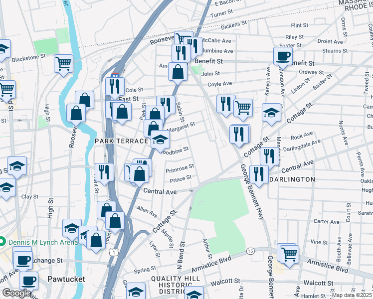 map of restaurants, bars, coffee shops, grocery stores, and more near 231 Japonica Street in Pawtucket