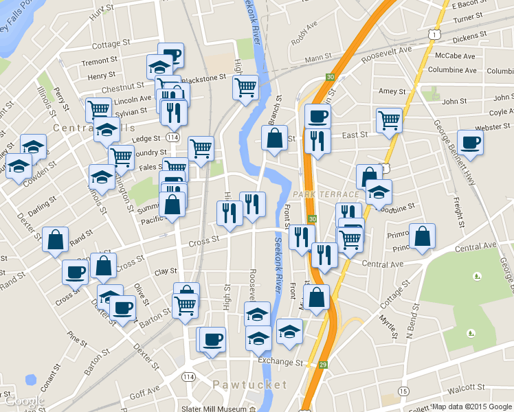 map of restaurants, bars, coffee shops, grocery stores, and more near 558 Roosevelt Avenue in Central Falls