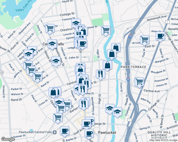 map of restaurants, bars, coffee shops, grocery stores, and more near in Central Falls