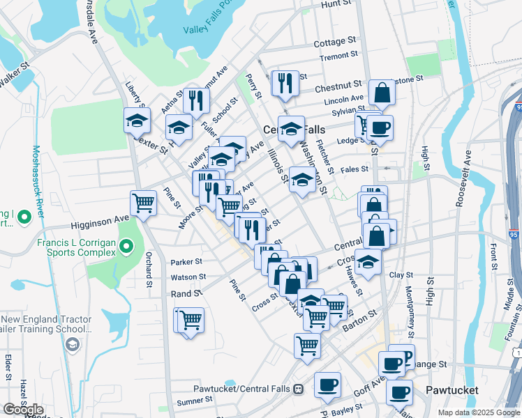 map of restaurants, bars, coffee shops, grocery stores, and more near 45 Fuller Avenue in Central Falls