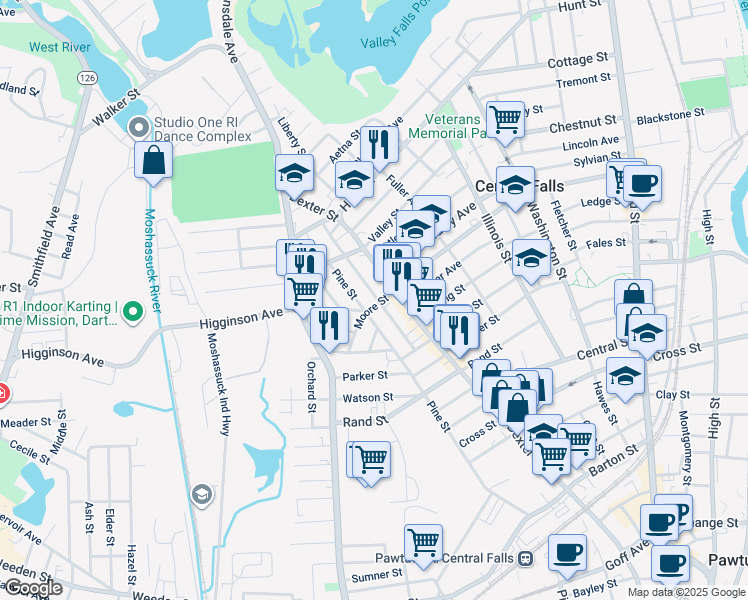 map of restaurants, bars, coffee shops, grocery stores, and more near 109 Earle Street in Central Falls