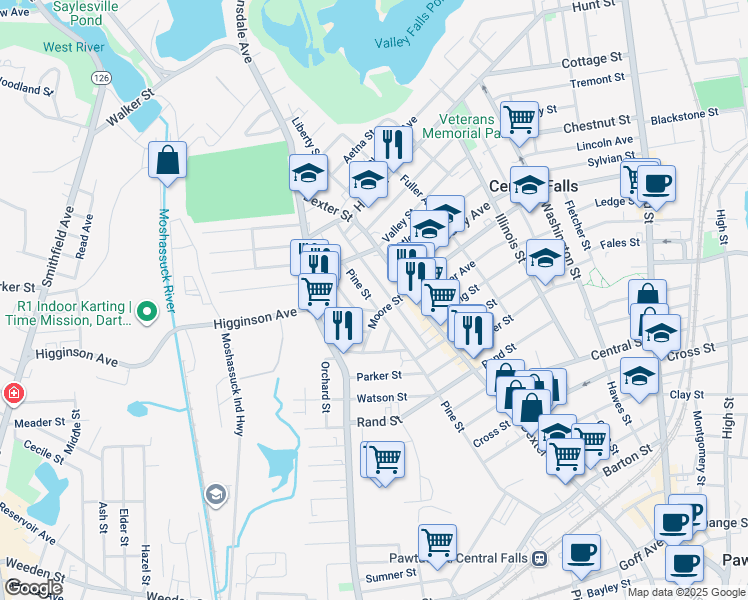 map of restaurants, bars, coffee shops, grocery stores, and more near 109 Earle Street in Central Falls