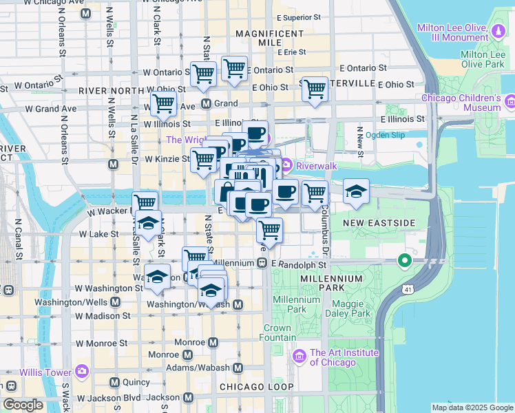 map of restaurants, bars, coffee shops, grocery stores, and more near 75 East Wacker Drive in Chicago