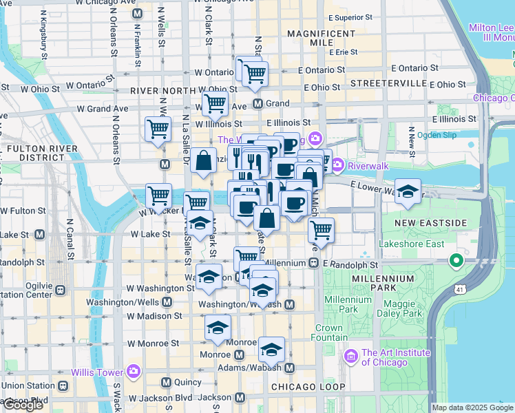 map of restaurants, bars, coffee shops, grocery stores, and more near 318 North State Street in Chicago
