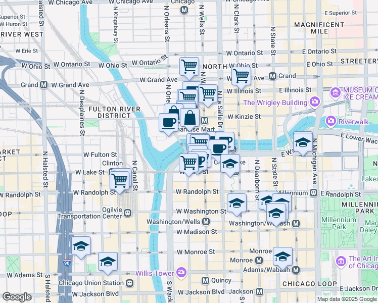 map of restaurants, bars, coffee shops, grocery stores, and more near 307 North Franklin Street in Chicago