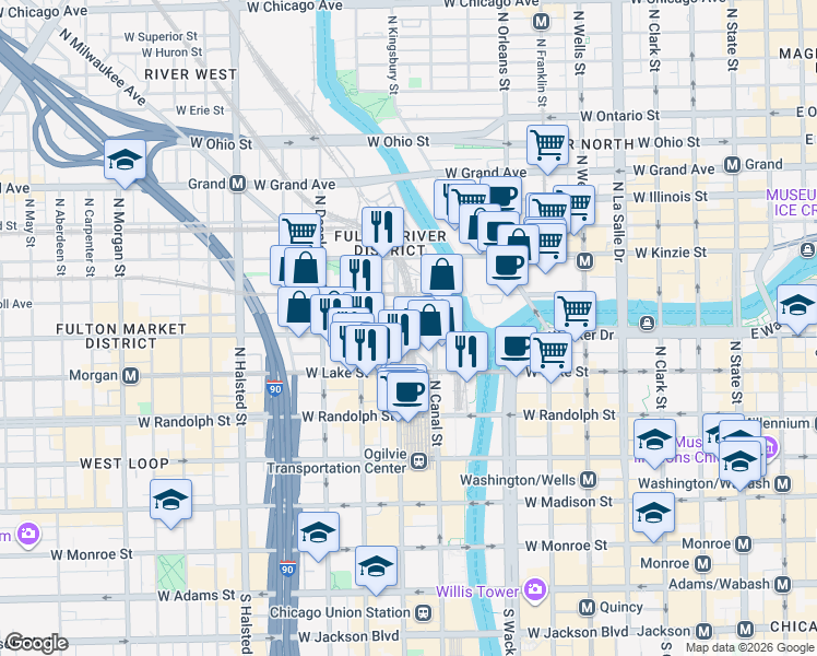 map of restaurants, bars, coffee shops, grocery stores, and more near 300 North Canal Street in Chicago
