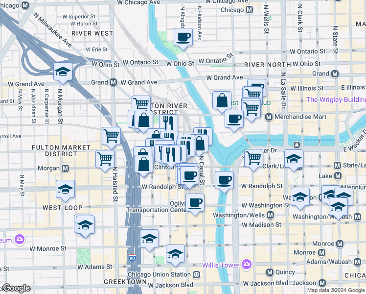 map of restaurants, bars, coffee shops, grocery stores, and more near 320 North Clinton Street in Chicago
