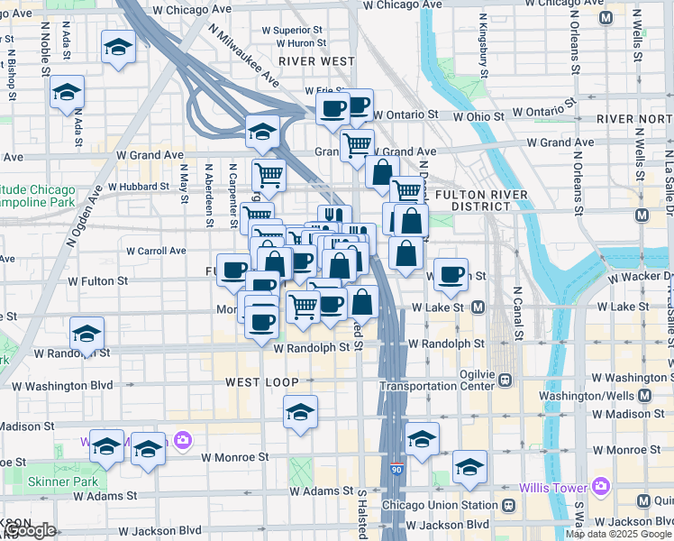 map of restaurants, bars, coffee shops, grocery stores, and more near 333 North Green Street in Chicago