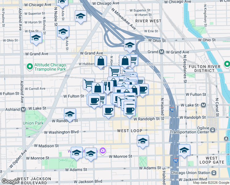 map of restaurants, bars, coffee shops, grocery stores, and more near 321 North Aberdeen Street in Chicago