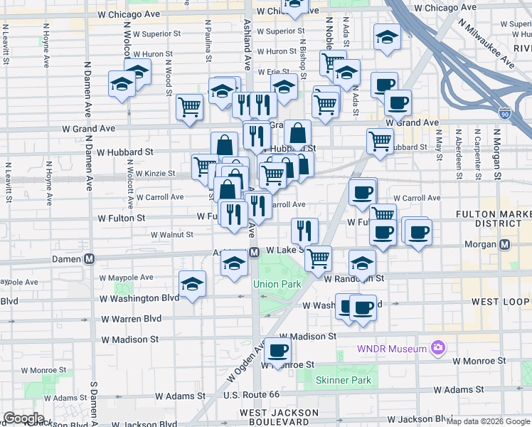 map of restaurants, bars, coffee shops, grocery stores, and more near 1552 West Carroll Avenue in Chicago