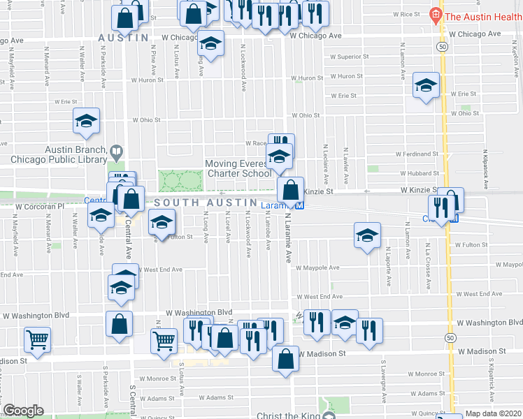 map of restaurants, bars, coffee shops, grocery stores, and more near 350 North Lockwood Avenue in Chicago