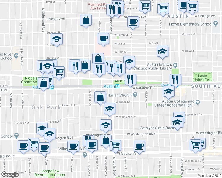 map of restaurants, bars, coffee shops, grocery stores, and more near 21 South Boulevard in Oak Park