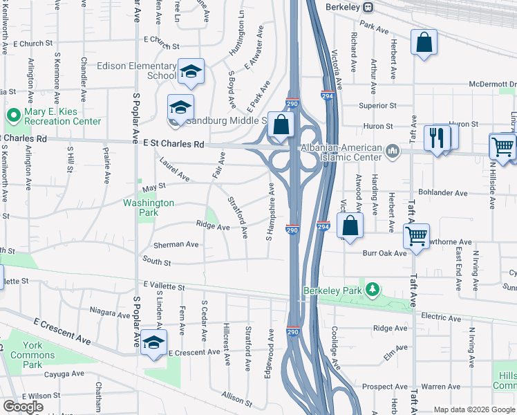 map of restaurants, bars, coffee shops, grocery stores, and more near 463 Oriole Avenue in Elmhurst