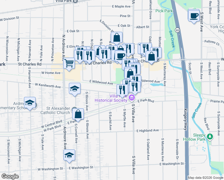 map of restaurants, bars, coffee shops, grocery stores, and more near 110 South Myrtle Avenue in Villa Park