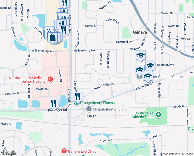map of restaurants, bars, coffee shops, grocery stores, and more near 19 Winthrop Lane in Geneva